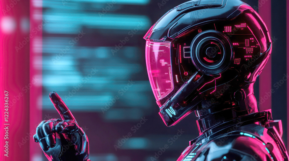 Poster futuristic robot in a digital environment showcasing advanced technology.
