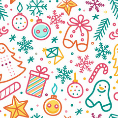 Fototapeta premium Colorful Christmas pattern with ornaments, snowflakes, and candy.