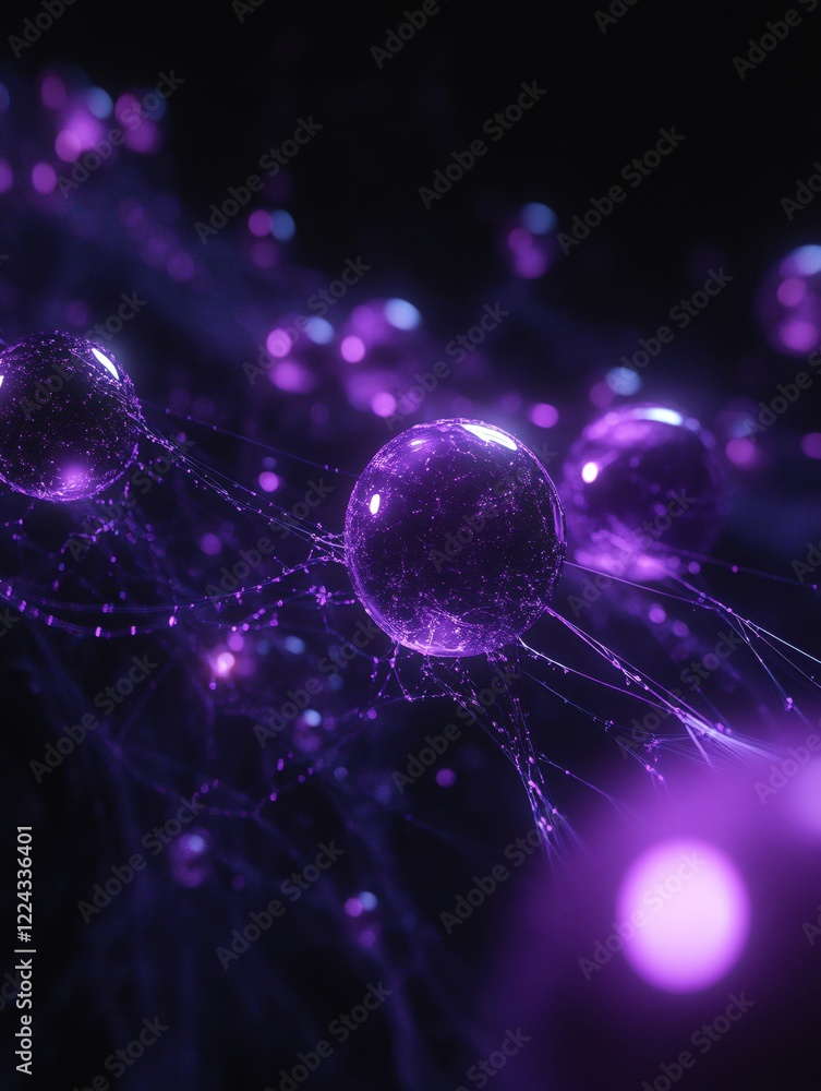 Poster abstract purple spheres connected by thin lines in a dark space creating a network effect