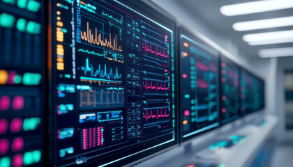 High-tech control room with advanced data visualization screens.