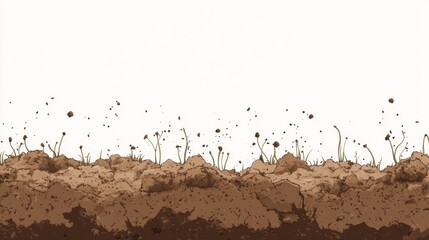 Close-up illustration of brown soil with small plants and scattered particles against a white background.