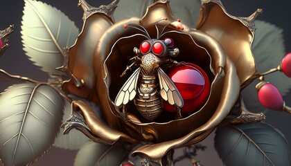 "The Ruby-Eyed Steampunk Honeybee: A Metallic Rose in Peril"