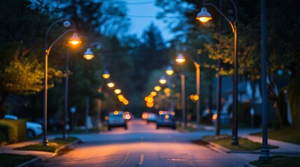A quiet street lined with lampposts, creating a warm glow. AI generative. .