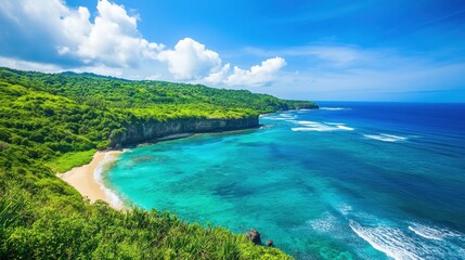 Fototapeta premium A pristine tropical green island with untouched jungle and sandy beaches, set against vibrant blue waters of the sea. --ar 16:9 --v 6.1 Job ID: 4b6d6950-f2b3-43bf-a2d2-8c983ced4c50