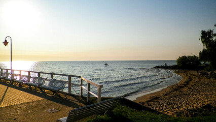 Naklejka premium Sunrise over pier in Gdynia, Poland.