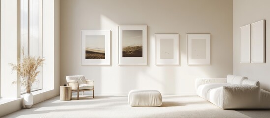 Fototapeta premium Artistic minimalist gallery wall mockup featuring framed landscape artwork and a modern interior design