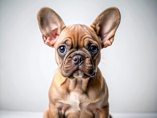 Adorable French Bulldog Puppy Sitting, Isolated White Background Macro Photography
