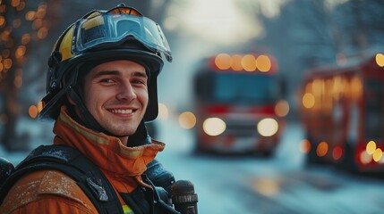 portrait of cheerful smiling young Caucasian male firefighter 25-30 years old in helmet and special work clothes against background of fire trucks