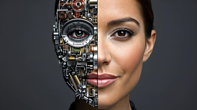 Humanai integration concept featuring halfcyborg and halfhuman face in transformation sequence