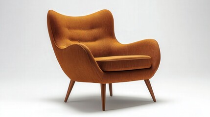 Elegant mid century modern orange armchair on white background studio shot