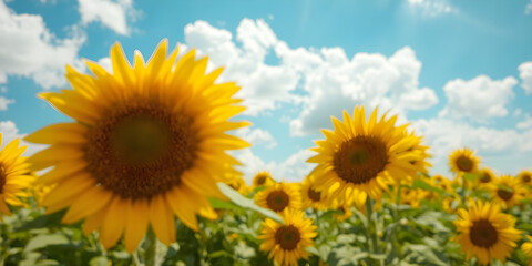 Fototapeta premium Blurred sunflower field under a bright blue sky with fluffy clouds, vibrant and cheerful, 8K sharpness.