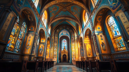 Majestic Gothic Cathedral Interior with Ornate Stained Glass Windows and Arched Vaulted Ceilings : Generative AI