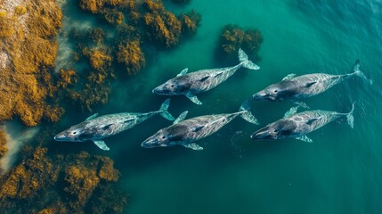Fototapeta premium Aerial view of grey whales in migration across clear ocean waters