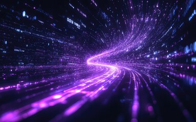 Fototapeta premium Abstract visualization of a vibrant, swirling purple light trail representing digital data flow in space