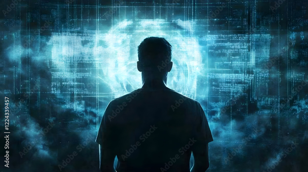 Aufkleber futuristic ai concept with silhouette of a person amidst a digital grid and glowing blue elements : 