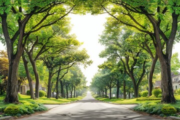 A long, tree-lined road leads to a bright, sunny horizon. AI generative. .