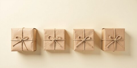 A row of four simply wrapped gifts, tied with twine bows, presents a minimalist and elegant aesthetic for gifting occasions.
