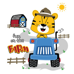 Cartoon tiger driving tractor on farm with barn and fences. Farming activity concept
