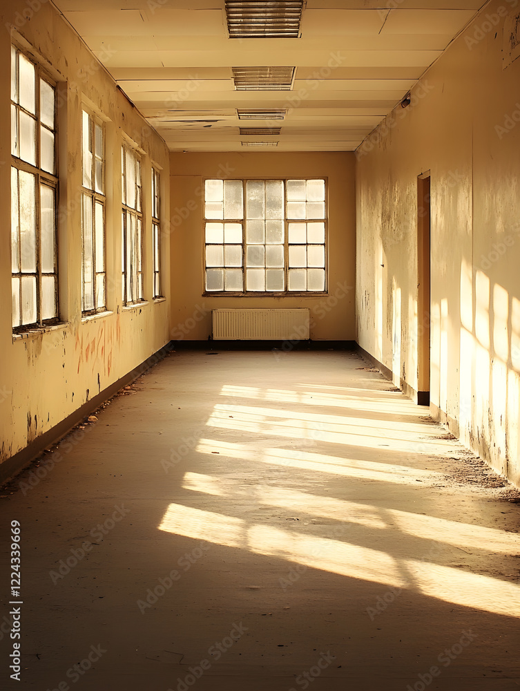 Poster sunlit abandoned corridor with peeling walls and vintage window frames : generative ai