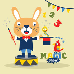 Cartoon rabbit magician performing tricks with hat and bird on stage. Magic show concept
