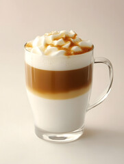 Steaming Hot Latte with Whipped Foam and Golden Coffee Layer in Glass Mug : Generative AI