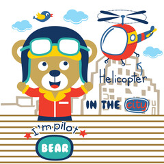 Cartoon bear pilot with helicopter in city background and striped design. Aviation concept
