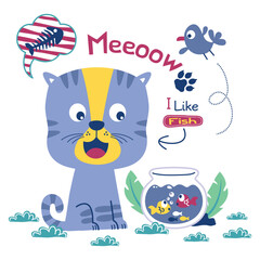 Cartoon cat with fishbowl and playful bird in colorful design. Pet animal concept
