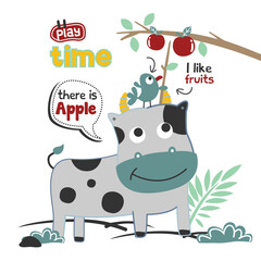 Cartoon cow and bird with apples on tree branch. Farm animal concept
