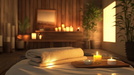 A serene massage therapy room, with soft lighting, relaxing music, and essential oils diffusing in the background.