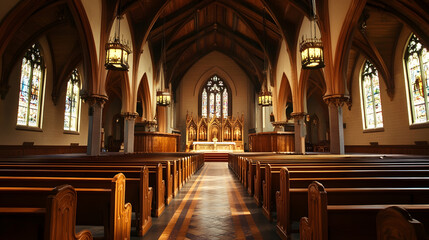 Fototapeta premium Profound Church Interior with Majestic Aisle and Historical Wooden Pew Design : Generative AI
