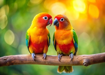 Fototapeta premium Adorable Lovebirds Perched on Branch, Romantic Couple, Wildlife, Nature, Bird Photography