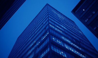 Modern office tower at dusk, low angle view, city skyline background, ideal for business themes