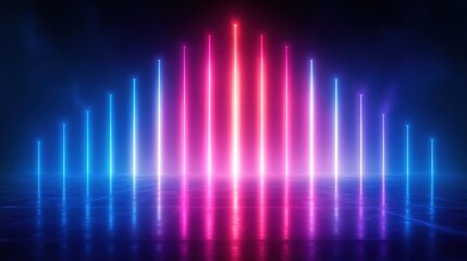 Futuristic Landscape with Neon Lights in Blue and Pink Reflecting on Mirror Floor Cyberpunk Art
