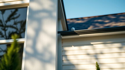 Captivating Architectural Design: Modern Home Exterior with Wooden Facade and Sunlight Shadows