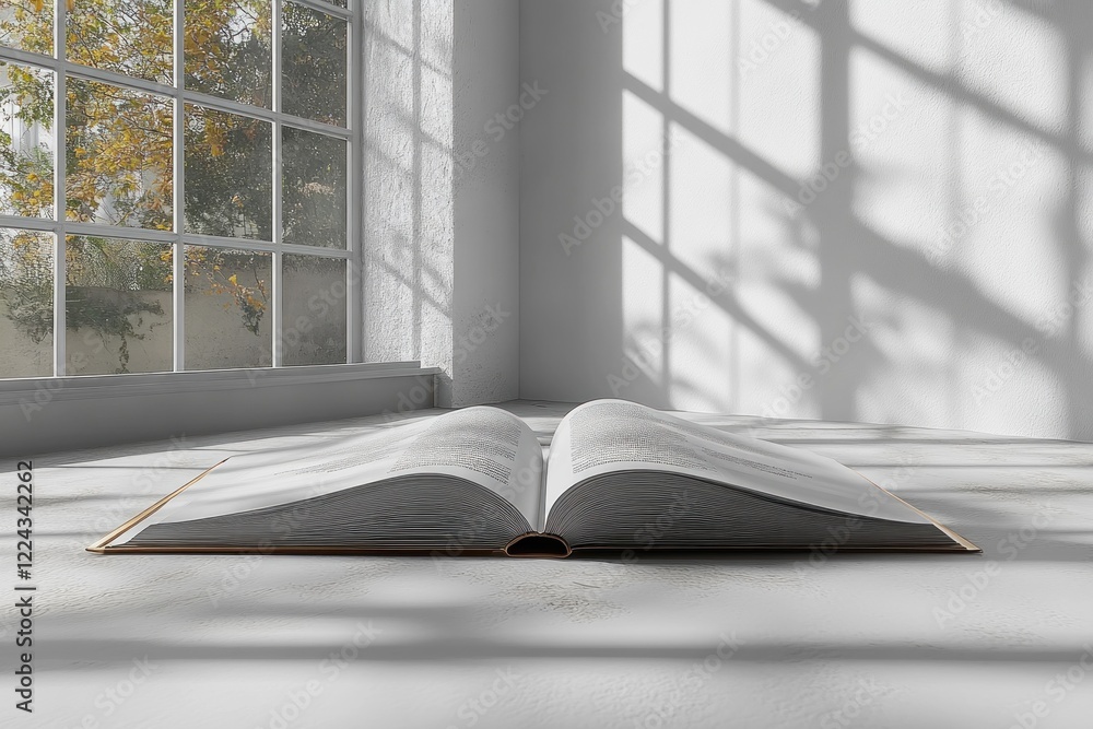 Poster an opened booklet mockup rests on a bare surface, illuminated by gentle sunlight filtering through a