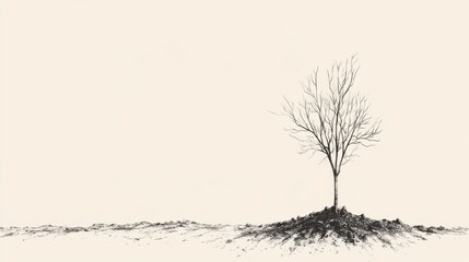 Obraz premium Single bare tree on pale background, minimalist sketch.