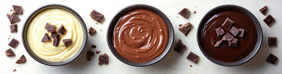 Collection of melted chocolate bowls dark milk white with broken chocolate bars and chunks on white background