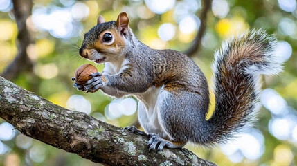 Obraz premium Squirrel holding a nut on a tree branch amidst blurred green foliage in a serene park setting