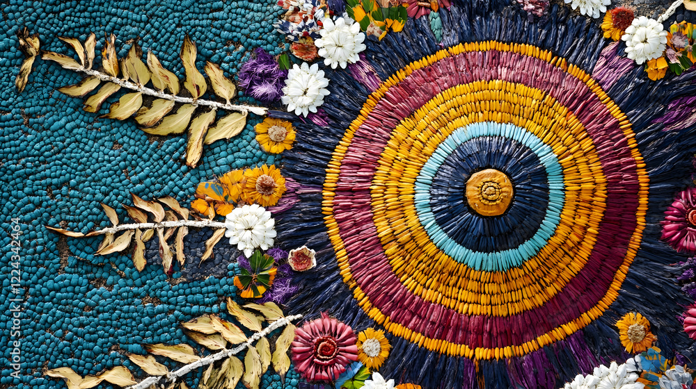 Aufkleber vibrant abstract texture with colorful floral patterns and dry leaves : generative ai