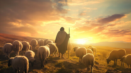 A bible jesus shepherd with his flock of sheep during sunset 