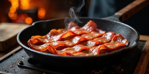 Crispy Streaky Bacon Sizzling in a Rustic Cast Iron Pan with a Warm, Cozy Background