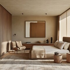 Modern interior bedroom design and decoration in beige and earth tone furniture. 3d rendering