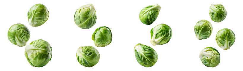 Fototapeta premium Fresh brussels sprouts falling on transparent background, PNG set