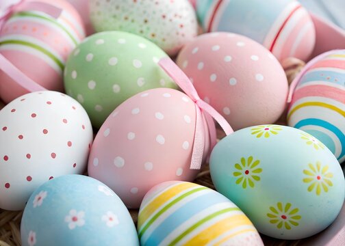 A colorful arrangement of Easter eggs showcases soft pastel shades and delicate patterns like polka dots and stripes. These eggs are perfect for spring celebrations and seasonal decorations