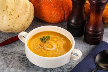 Pumpkin cream soup with prawns