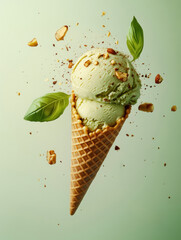 A gourmet waffle cone holds two scoops of savory ice cream. The green scoops are topped with crushed nuts and surrounded by fresh herbs, creating an inviting dessert