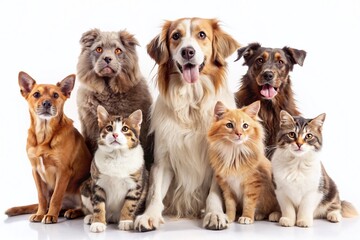 Fototapeta premium Adorable Pets Group Photo: Cats and Dogs Posing Against White Background