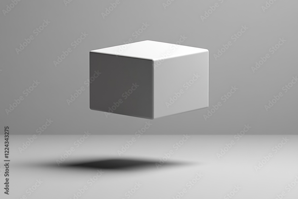 Poster floating above a smooth surface, a simple, white cube symbolizes minimalism and modern software desi