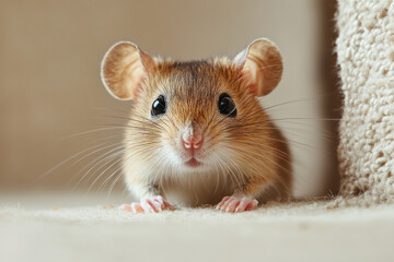 Fototapeta premium A hyper realistic mouse surveys its environment with curiosity, showcasing its delicate features and whiskers in a warm, inviting space during daylight hours