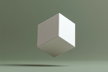 A floating cube mockup showcases a sleek, minimalist software interface. The design features a soft green background, emphasizing simplicity and modern aesthetics in tech presentation